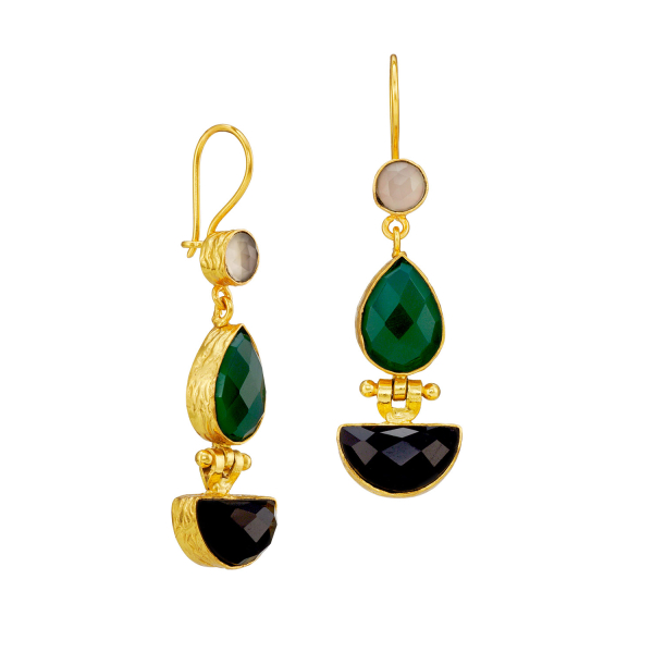 Ohrring aus Messing, vergoldet, schwarzer/grüner Onyx, Labradorit